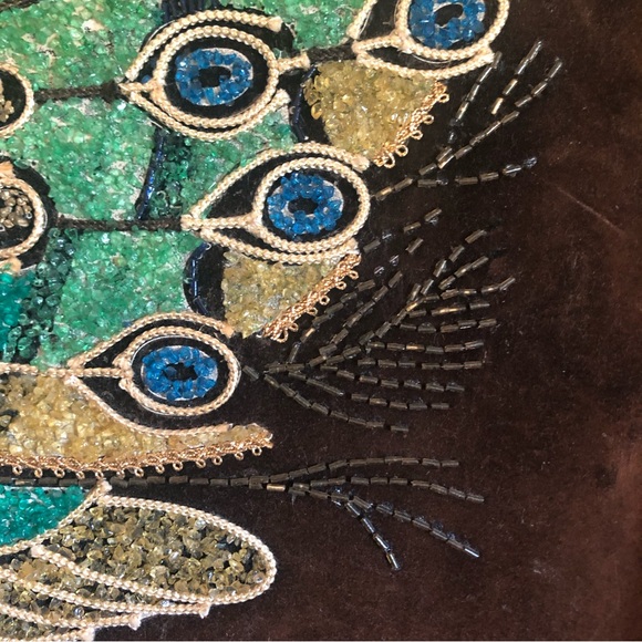 Vintage MCM Peacock on Brown Velvet Gravel Art - Picture 14 of 14